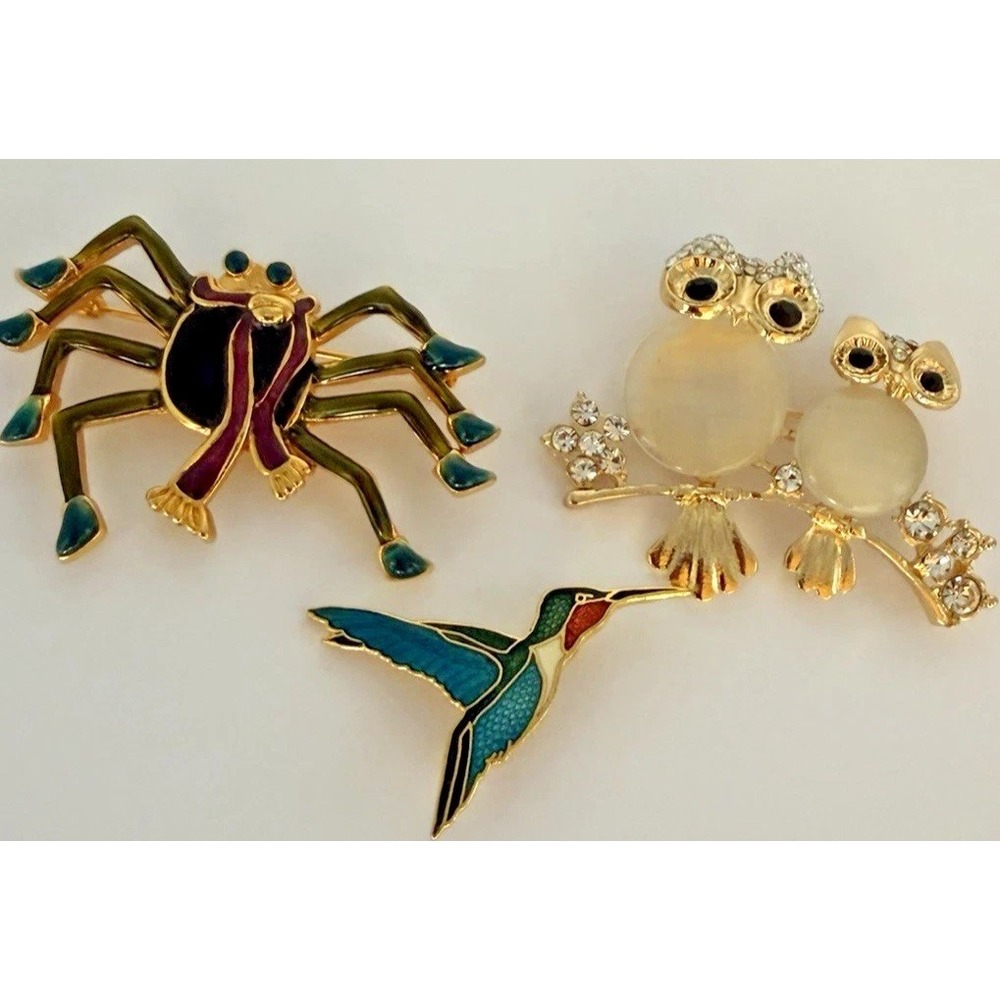 Vintage Figural Brooch Lot Whimsical Owl Bird Spider Enamel Rhinestone Speer TC